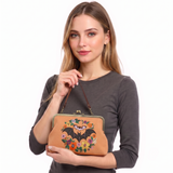 Floral Bat Kiss Lock Bag in Linen Blended Material
