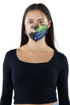 Half Face Half Skull Face Mask In Polyester Material, front view on model