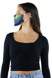 Half Face Half Skull Face Mask In Polyester Material, side view on model, showing colorful skull mouth side