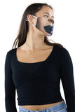 Half Face Half Skull Face Mask In Polyester Material, side view on model, showing human mouth side