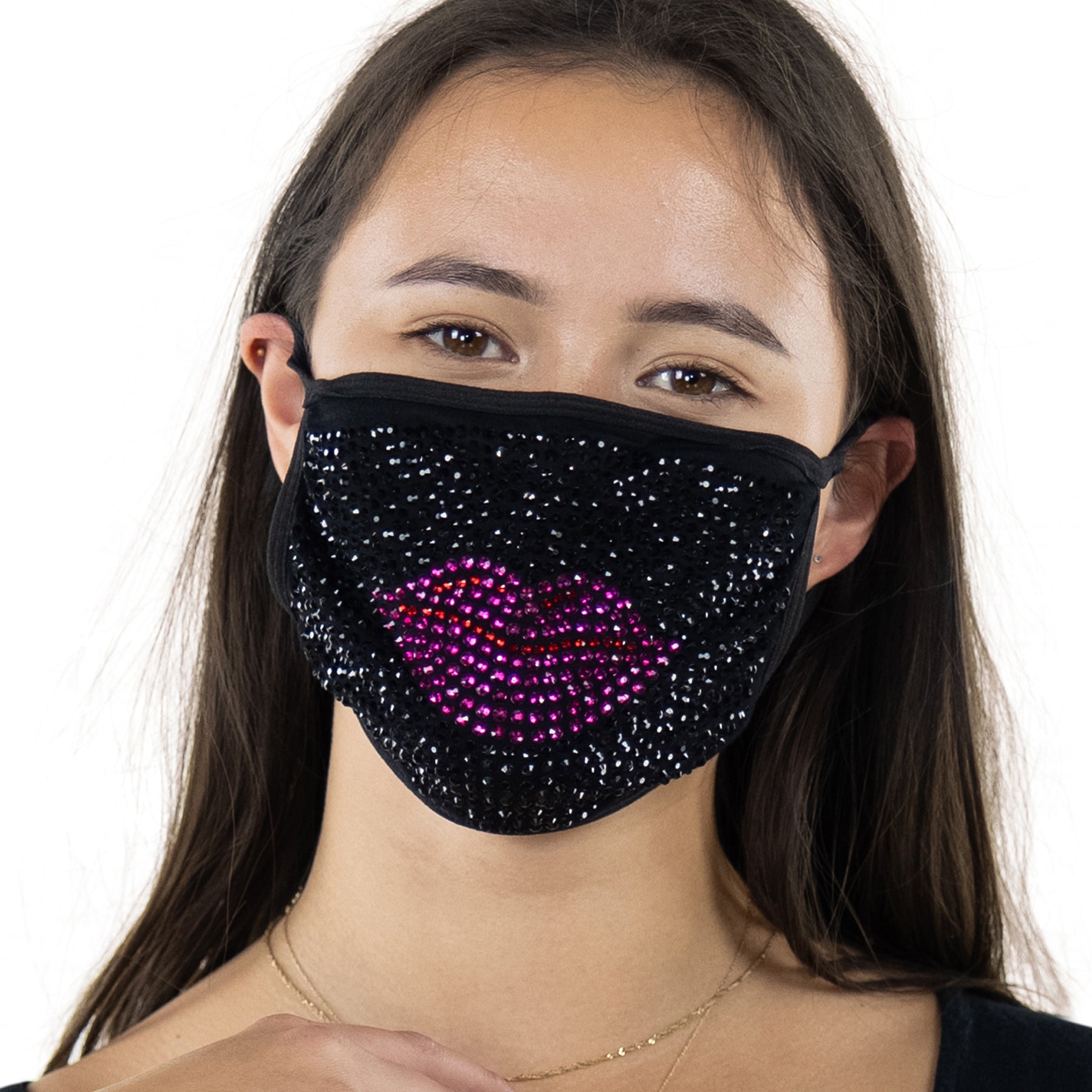 Rhinestone Red Lips Face Mask In Polyester, front view