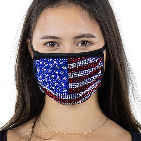 American Flag Rhinestone Face Mask In Polyester, front view