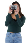 Canvas Mini Wallet Wristlet Bag with Film Camera Image, handheld by model
