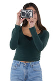 Canvas Mini Wallet Wristlet Bag with Film Camera Image, handheld by model