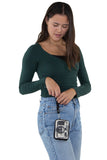 Canvas Mini Wallet Wristlet Bag with Film Camera Image, handheld by model