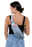Premium Nylon Shark Fanny Pack with Gill Pockets, sling bag style on model