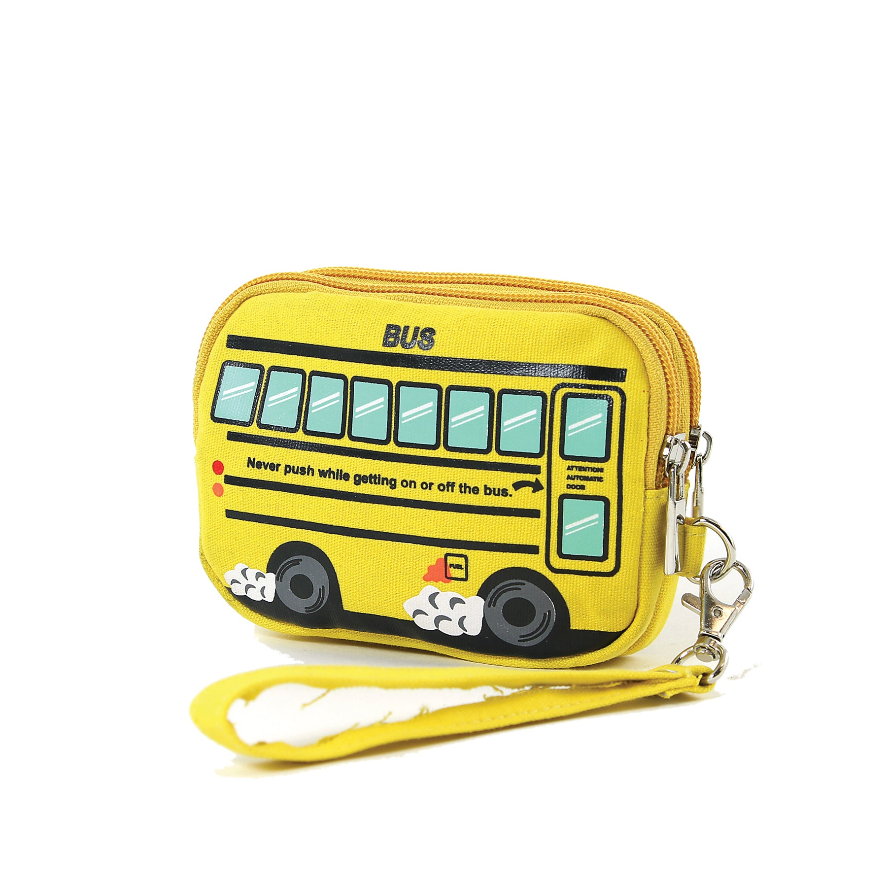 Yellow School Bus Canvas Wristlet, angled side view