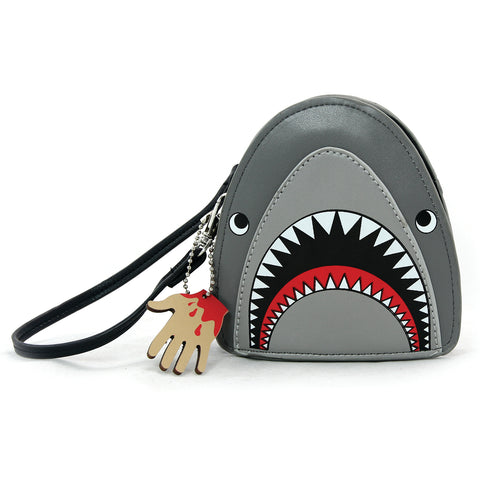Scary Shark Wristlet with Chained Bloody Hand in Vinyl Material front view