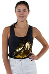 Sequin Fanny Pack, gold color, sling style on model
