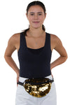 Sequin Fanny Pack, gold color, fanny pack style on model