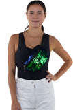 Sequin Fanny Pack, green color, sling style on model