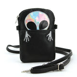 Peeking Alien Crossbody Pouch in Vinyl Material, silver color, front view