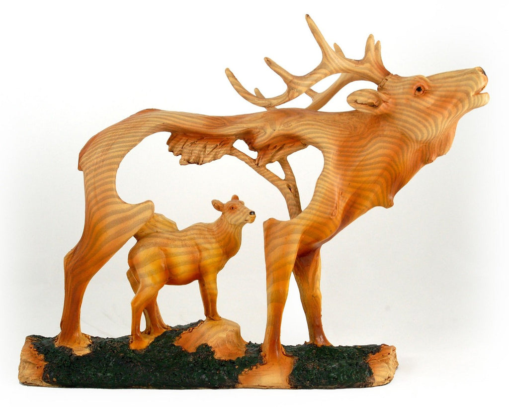 Mom Elk and Baby Walking in The Wild Faux Wood Figurine – www.comecoinc.com