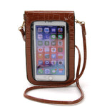 Smart Phone Shoulder Pouch with Plastic Phone Cover in Vinyl Material, brown color, back view