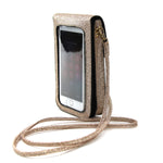 Smart Phone Shoulder Pouch with Plastic Phone Cover in Vinyl Material, gold color, side view