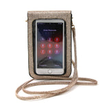 Smart Phone Shoulder Pouch with Plastic Phone Cover in Vinyl Material, gold color, back view