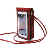 Smart Phone Shoulder Pouch with Plastic Phone Cover in Vinyl Material, red color, side view