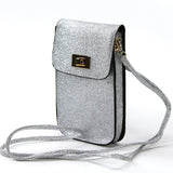 Smart Phone Shoulder Pouch with Plastic Phone Cover in Vinyl Material, silver color, side view