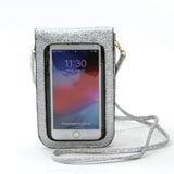 Smart Phone Shoulder Pouch with Plastic Phone Cover in Vinyl Material, silver color, back view