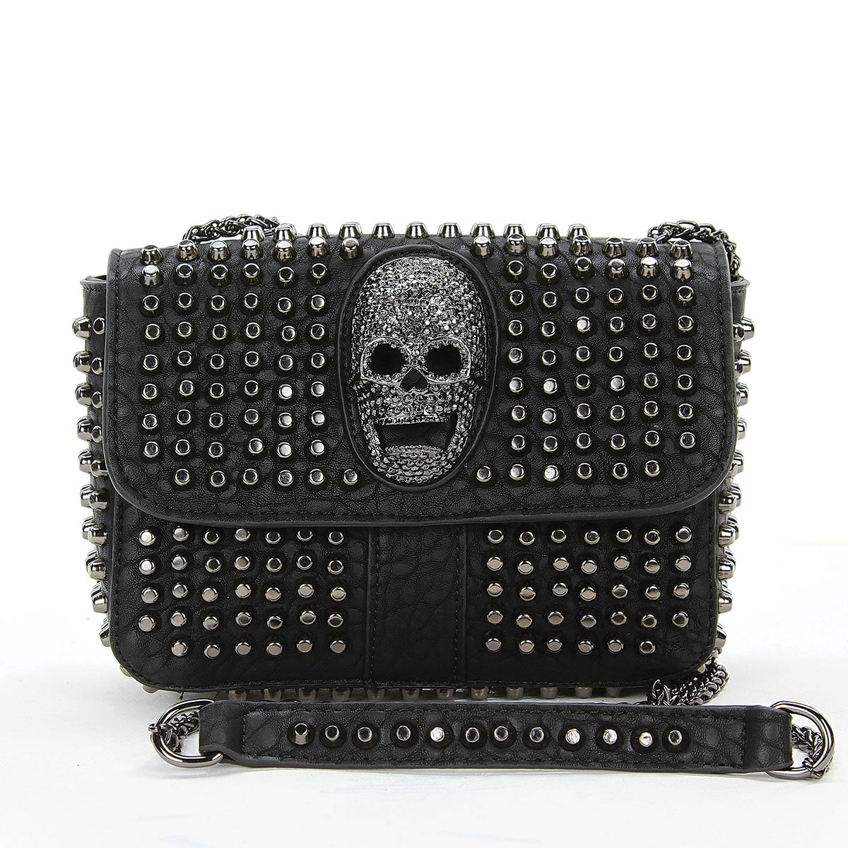Studded Skull Head Small Shoulder Bag In Vinyl, front view