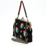 Mushrooms Kisslock Frame Bag in Cotton in black, side view with chain strap
