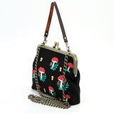 Mushrooms Kisslock Frame Bag in Cotton in black, side view with chain strap