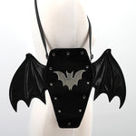 Bat Coffin Backpack, front view in crossbody on mannequin