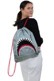 Unisex Water Resistant Nylon Shark Bite Jaws Drawstring Knap Sack Back Pack (Grey), backpack style on model
