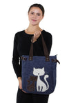 Lovely Cats With Faux Fur And Studs Canvas Tote Bag, blue color, handheld  style