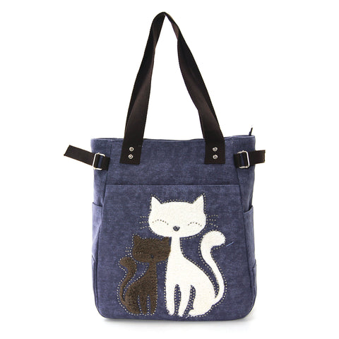 blue furry cat tote bag front view