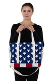 Stars and Stripes USA Flag Canvas Tote Bag, front view, handheld style on model