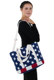 Stars and Stripes USA Flag Canvas Tote Bag, shoulder bag style on model