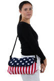 Stars And Stripes Cotton Small Messenger Crossbody in Canvas Material, shoulder bag style on model