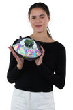 Alien On A Spaceship Shoulder Crossbody Bag in Vinyl Material, front view, handheld style on model