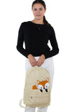 Sleepyville Critters - Peeking Baby Fox Canvas Backpack, handheld style on model