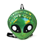 Green Alien Head Vinyl Backpack in Vinyl Material, green color, front view