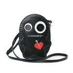 Stitched Voodoo Doll Shoulder Crossbody Bag in Vinyl Material, black color, front view