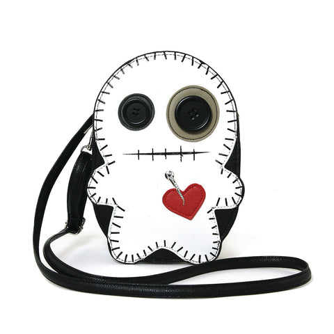 Stitched Voodoo Doll Shoulder Crossbody Bag in Vinyl Material, white color, front view