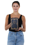 Vintage Hard Bound Story Book Clutch Shoulder Bag, front view, handheld by model