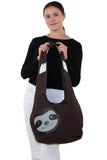 Sleepyville Critters - Hang Loose Sloth Hobo Bag in Canvas Material, front view, handheld by model