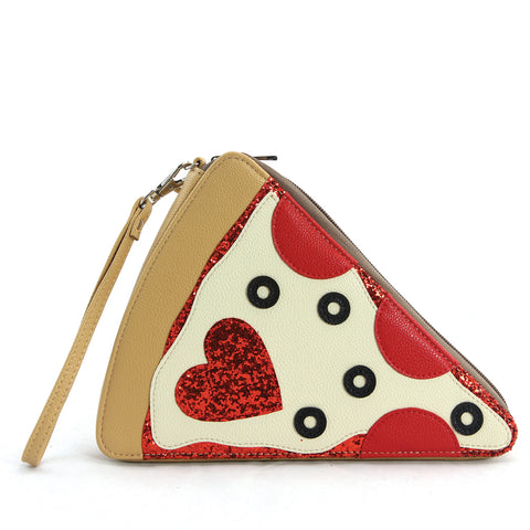 Pepperoni Slice Pizza Wristlet in Vinyl Material front view