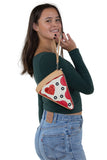 Pepperoni Slice Pizza Wristlet in Vinyl Material, handheld by model