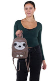 Sleepyville Critters - Mini Sloth Backpack in Vinyl Material, front view, handheld by model