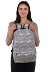 Grey Shark Backpack in Canvas Material, front view, handheld by model