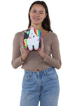 Sleepyville Critters - Rainbow Unicorn Crossbody Bag in Vinyl Material, front view, handheld by model