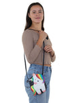 Sleepyville Critters - Rainbow Unicorn Crossbody Bag in Vinyl Material, shoulder bag style on model