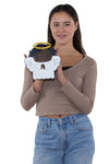 Sleepyville Critters - Angel with Halo Crossbody Bag in Vinyl Material, black color, front view, handheld by model