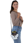 Sleepyville Critters - Angel with Halo Crossbody Bag in Vinyl Material, shoulder bag style on model
