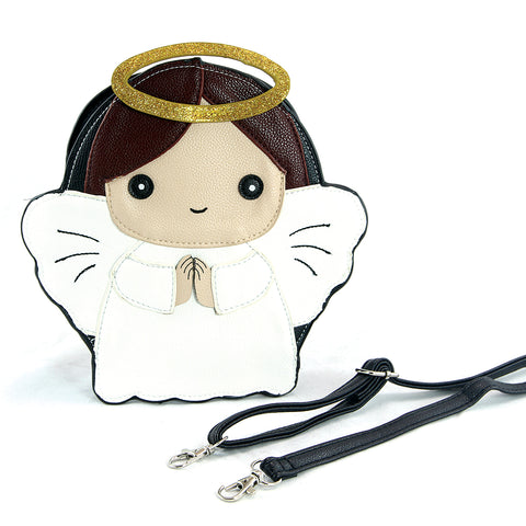 Sleepyville Critters - Angel with Halo Crossbody Bag in Vinyl Material, brown color, front view