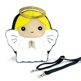 Sleepyville Critters - Angel with Halo Crossbody Bag in Vinyl Material, gold color, front view